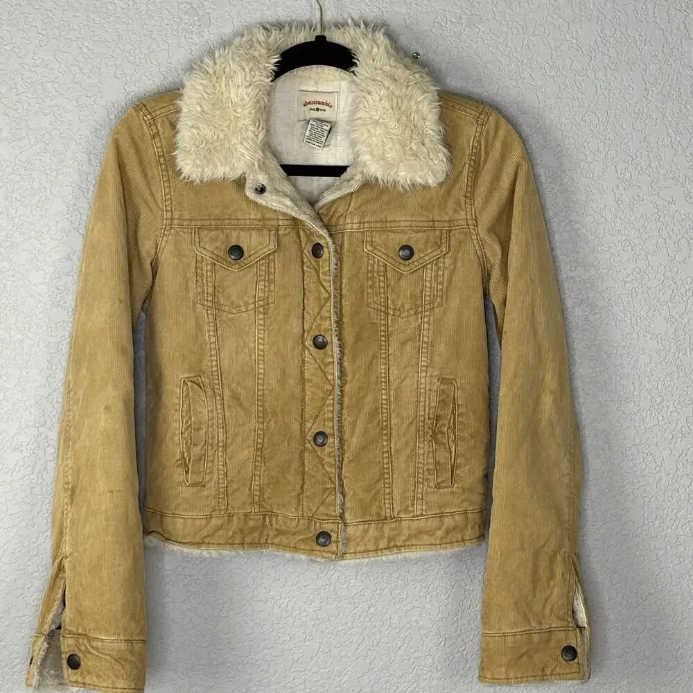 Vintage Y2K Abercrombie Girls Corduroy Jacket Sherpa Collar Lined Tan Size XL